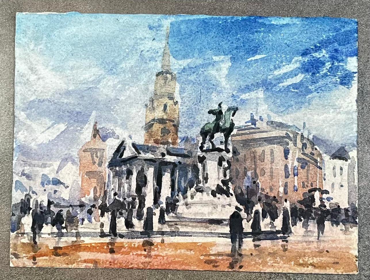 Paesaggio acquerellato francese Piazza della città con statua equestre - Art di Unknown