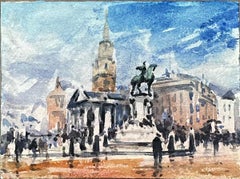 French Impressionist Watercolor Landscape City Square with Equestrian Statue