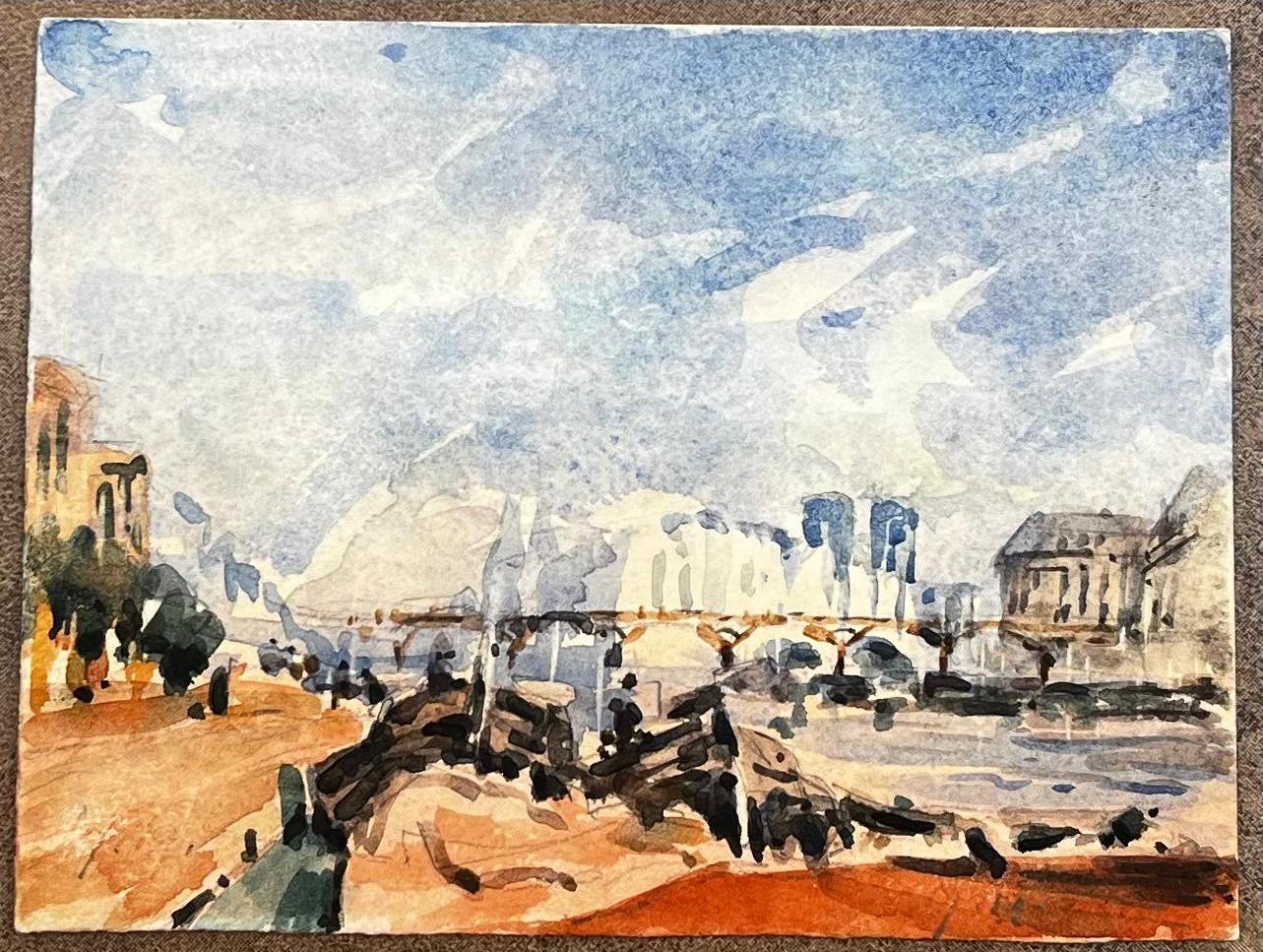 Aquarelle impressionniste française Paysage de la rivière Seine Bridge