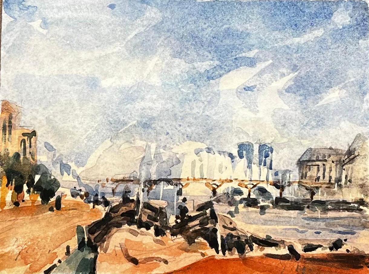 Aquarelle impressionniste française Paysage de la rivière Seine Bridge - Impressionnisme abstrait Art par Unknown