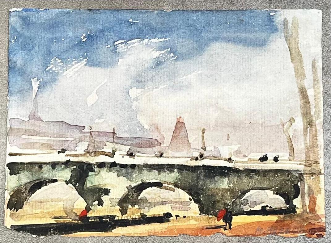 Aquarelle impressionniste française Paysage de Paris, pont de rivière - Art de Unknown