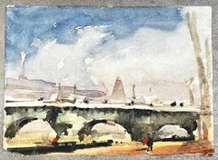 Paisaje de acuarela impresionista francesa Paisaje del puente del río de París