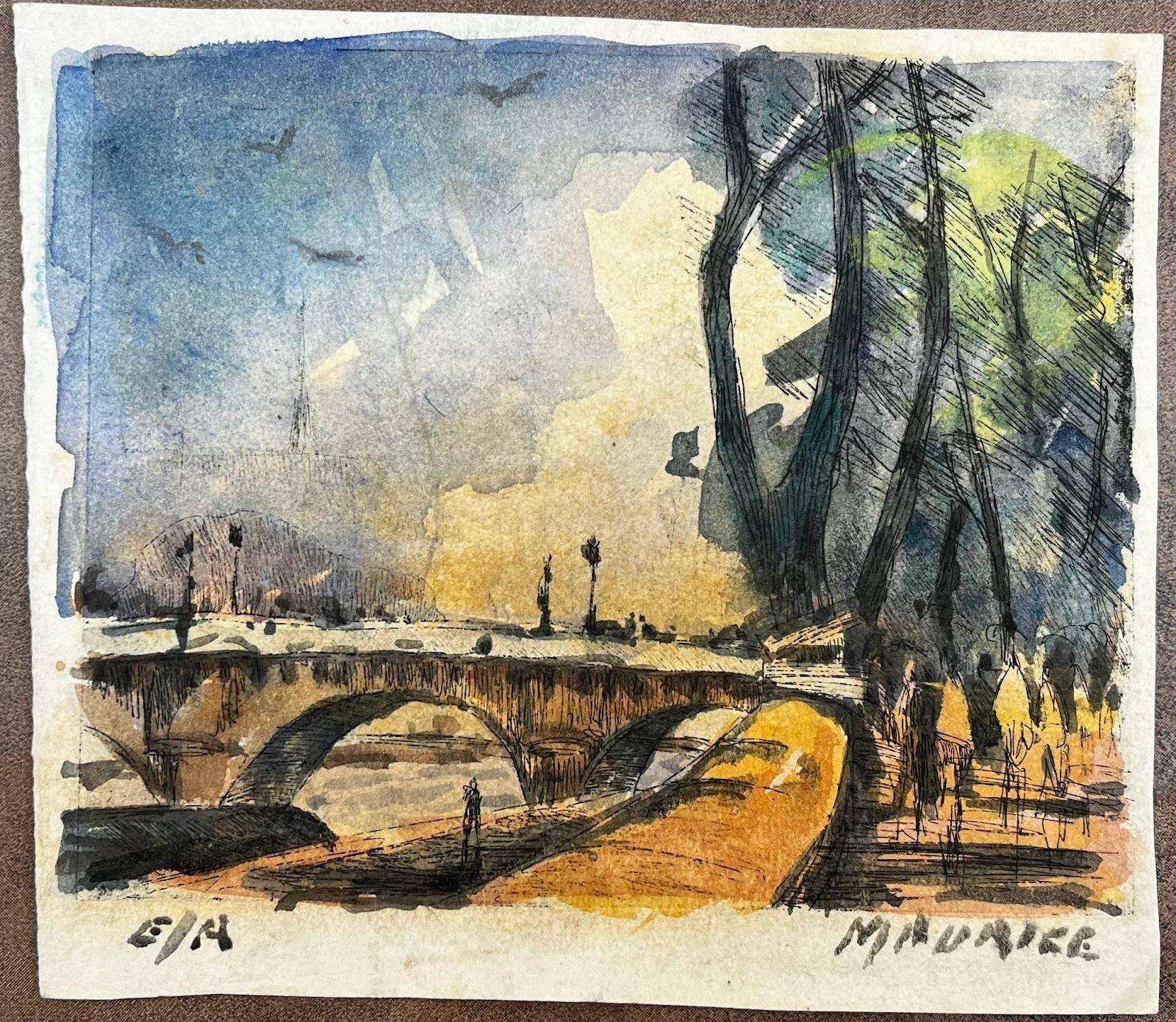 Aquarelle impressionniste française - Paysage Paris - Scène de pont de rivière avec arbres - Impressionnisme abstrait Art par Unknown
