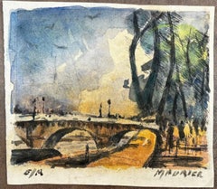 French Impressionist Watercolor Landscape Paris River Bridge Scene with Trees