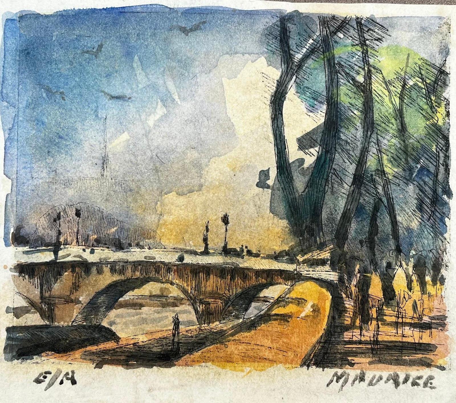 Paisaje Impresionista Francés Acuarela París Escena Puente Río con Árboles