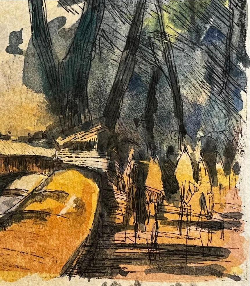 Aquarelle impressionniste française - Paysage Paris - Scène de pont de rivière avec arbres en vente 1