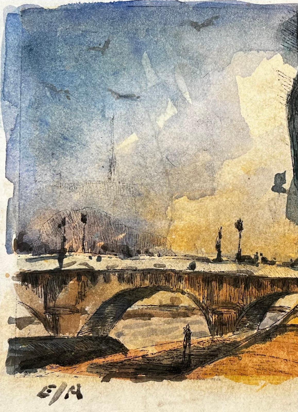 Aquarelle impressionniste française - Paysage Paris - Scène de pont de rivière avec arbres en vente 2