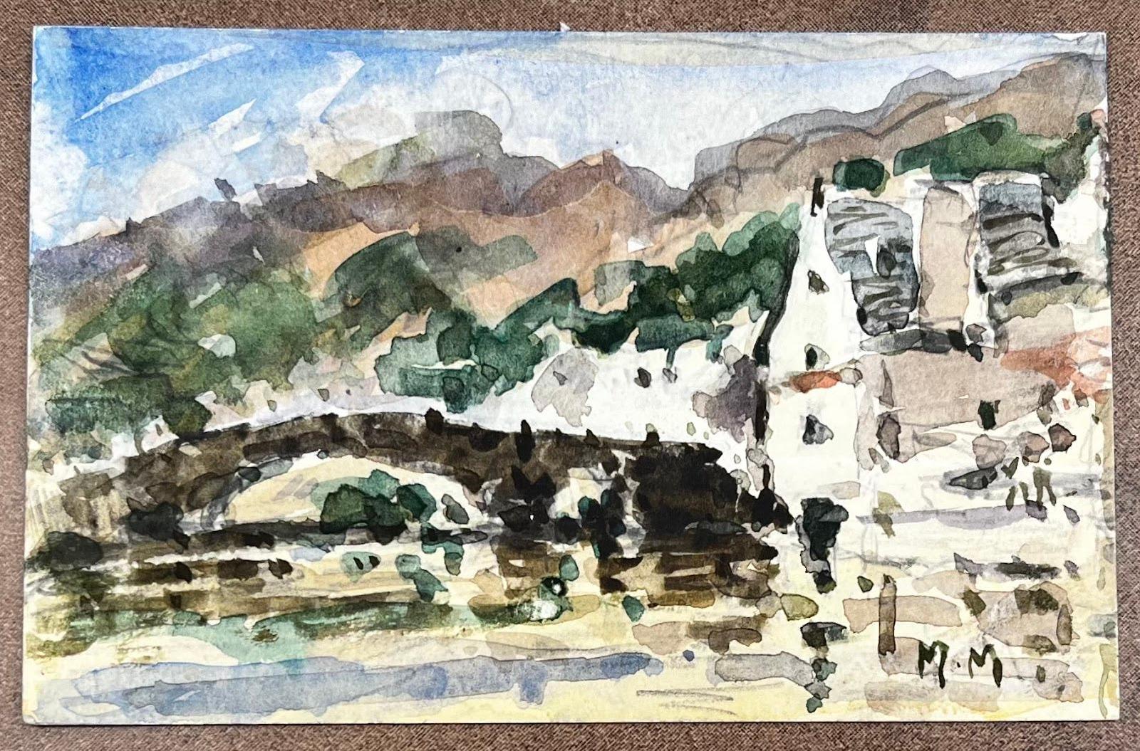 Acquerello francese impressionista Paesaggio montuoso con villaggio e ponte