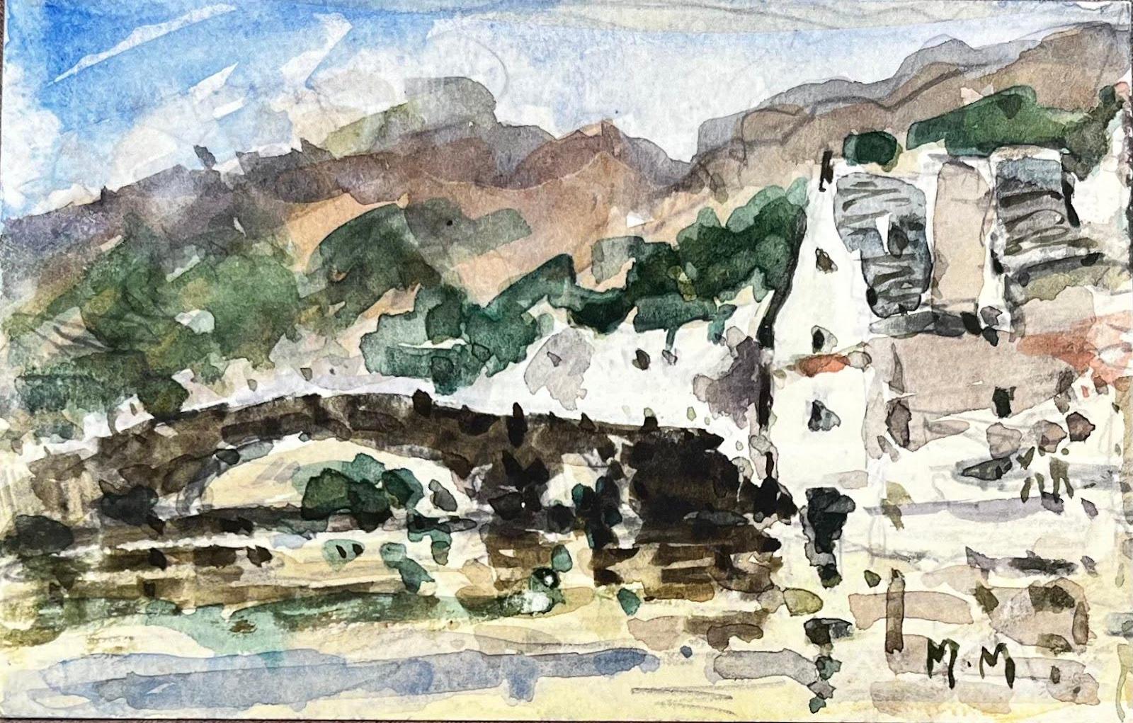 Aquarelle impressionniste française Paysage montagneux avec village et pont - Art de Unknown