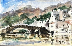 French Impressionist Watercolor Landscape Mountainous with Village and bridge