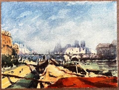 Aquarelle impressionniste française, paysage de la ville de Paris, ligne d'horizon de la rivière Seine