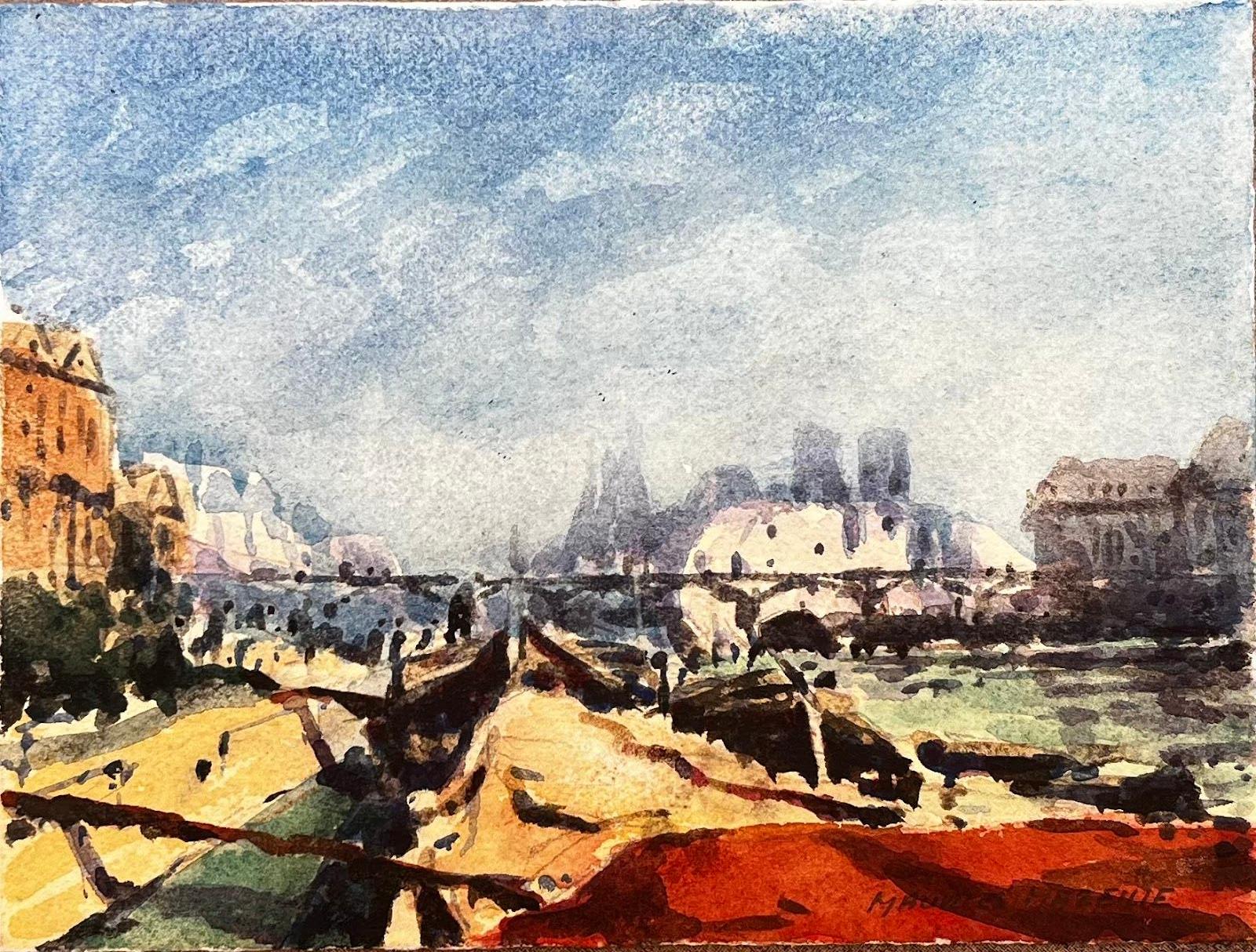 Paesaggio impressionista francese ad acquerello Parigi Skyline dal fiume Senna - Art Impressionismo di Maurice Mazeile