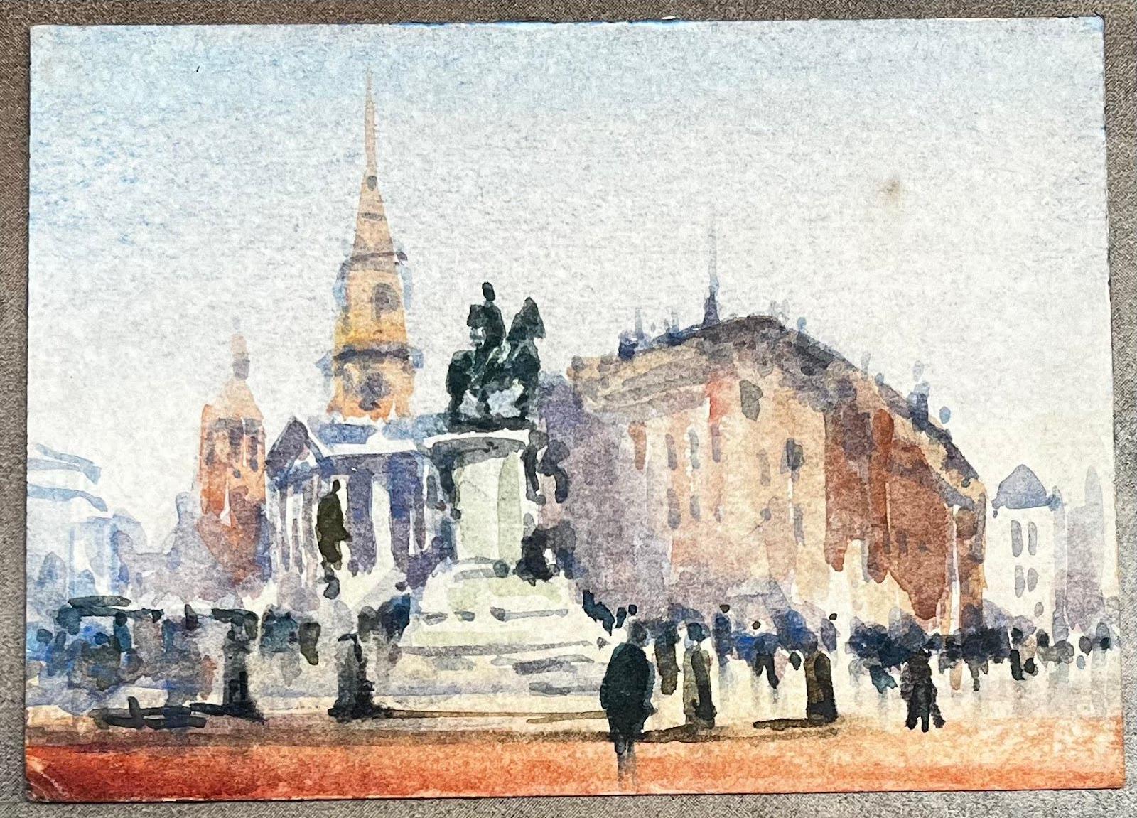 Landscape Art Unknown - Aquarelle impressionniste française - Paysage urbain avec statue équestre