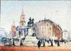 French Impressionist Watercolor Landscape City Square with Equestrian Statue