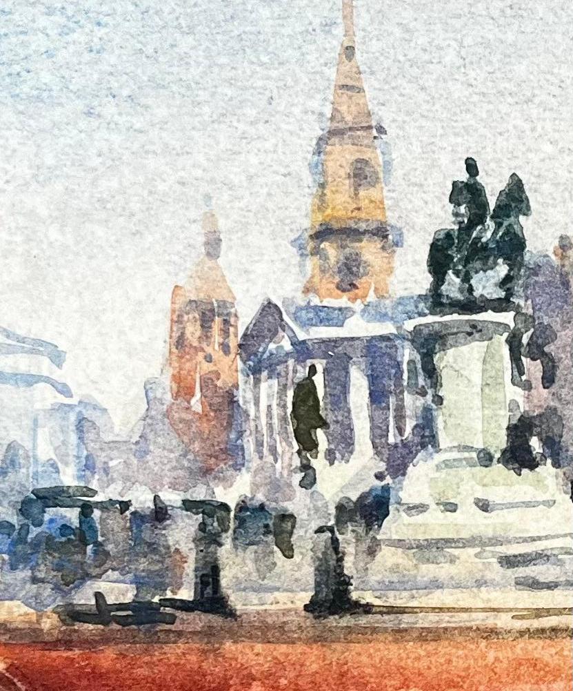 Aquarelle impressionniste française - Paysage urbain avec statue équestre - Impressionnisme abstrait Art par Unknown