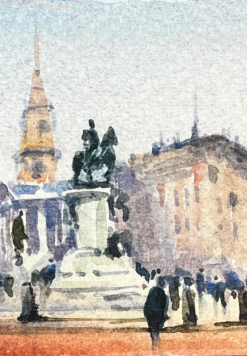 Aquarelle impressionniste française - Paysage urbain avec statue équestre - Gris Landscape Art par Unknown