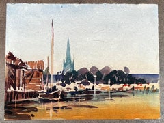 French Impressionist Landscape Rural Harbour Scene with Church