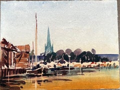 French Impressionist Landscape Rural Harbour Scene with Church