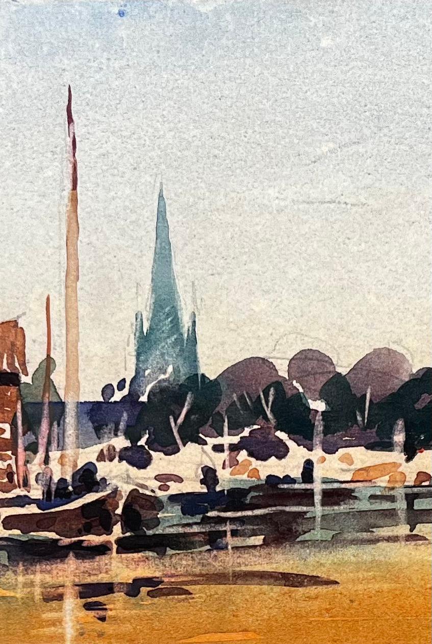Paysage impressionniste français, scène rurale de port avec église - Beige Landscape Art par Unknown