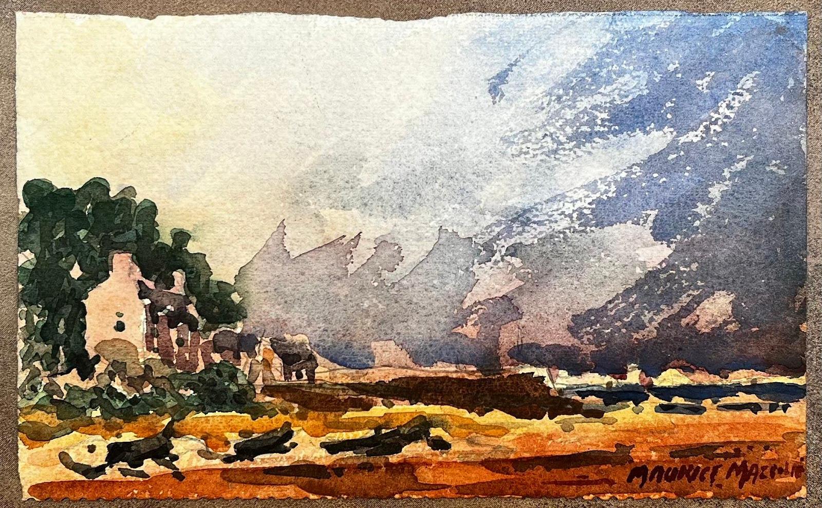 Aquarelle impressionniste française d'un paysage de bord de mer et d'une vue sur la baie - Art de Unknown
