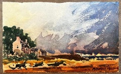 French Impressionist Watercolor Landscape Seaside Village Overlooking the Bay