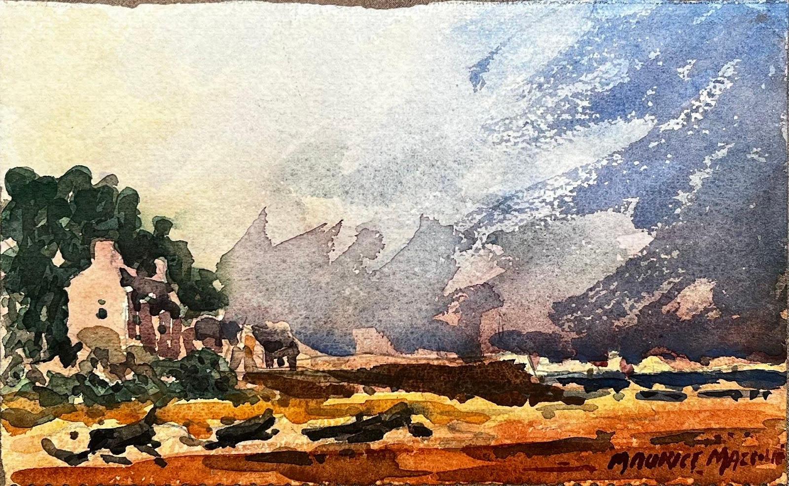 Aquarelle impressionniste française d'un paysage de bord de mer et d'une vue sur la baie - Impressionnisme abstrait Art par Unknown