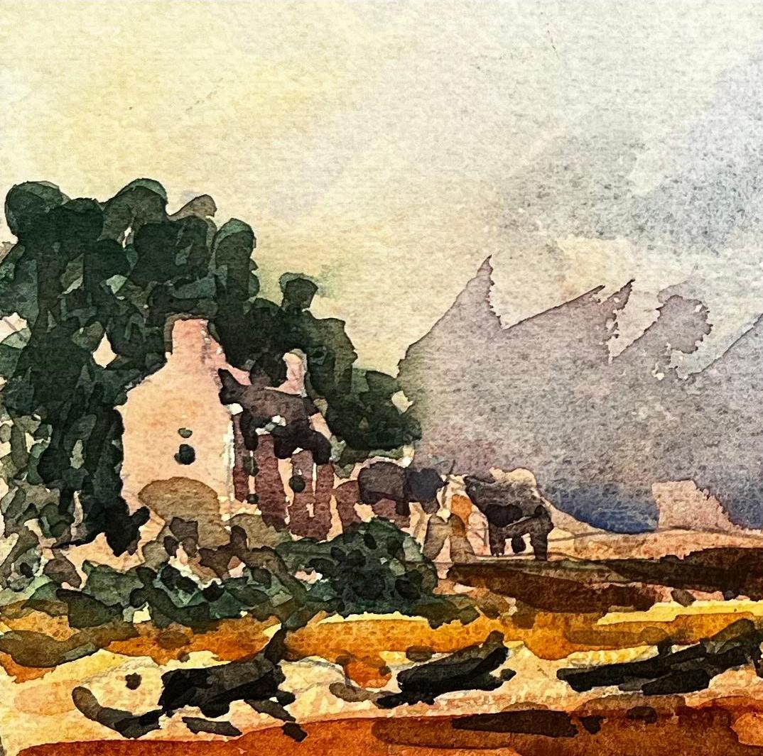 Aquarelle impressionniste française d'un paysage de bord de mer et d'une vue sur la baie en vente 1