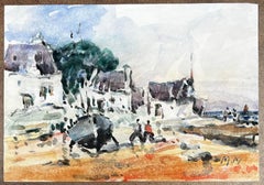French Impressionist Watercolor Landscape Coastal Village with Boat and Figures