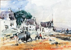 French Impressionist Watercolor Landscape Coastal Village with Boat and Figures