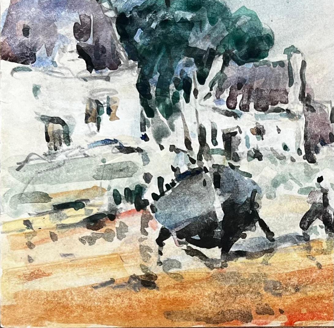 Paesaggio acquerellato impressionista francese Villaggio costiero con barca e figure - Art Impressionismo astratto di Unknown