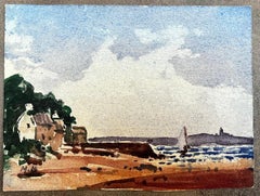 French Impressionist Watercolor Landscape Coastal House with Scene Sailboat View