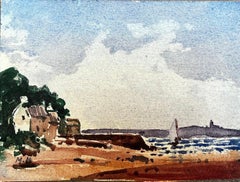 French Impressionist Watercolor Landscape Coastal House with Scene Sailboat View