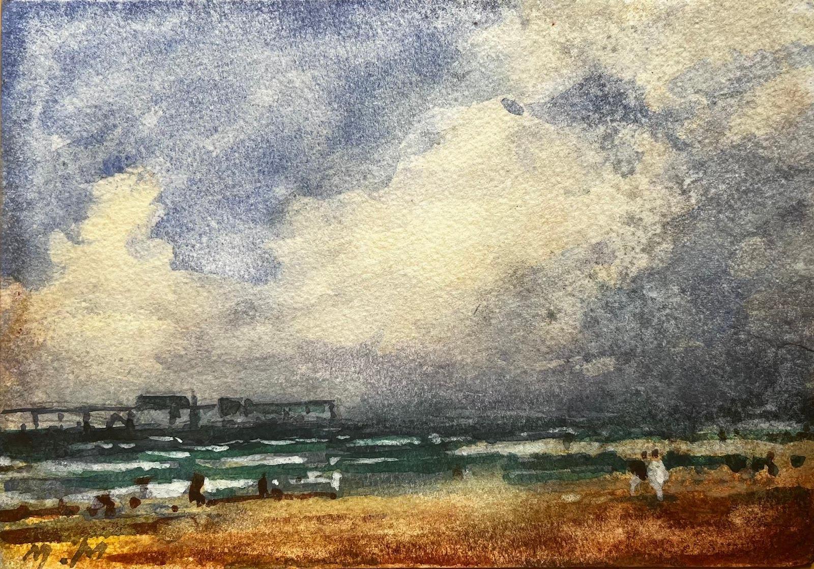 Landscape Art Unknown - Aquarelle impressionniste française représentant un paysage de bord de mer avec un pilier et des personnages
