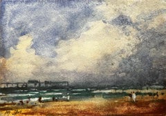 French Impressionist Watercolor Landscape Seaside Scene With Pier and Figures
