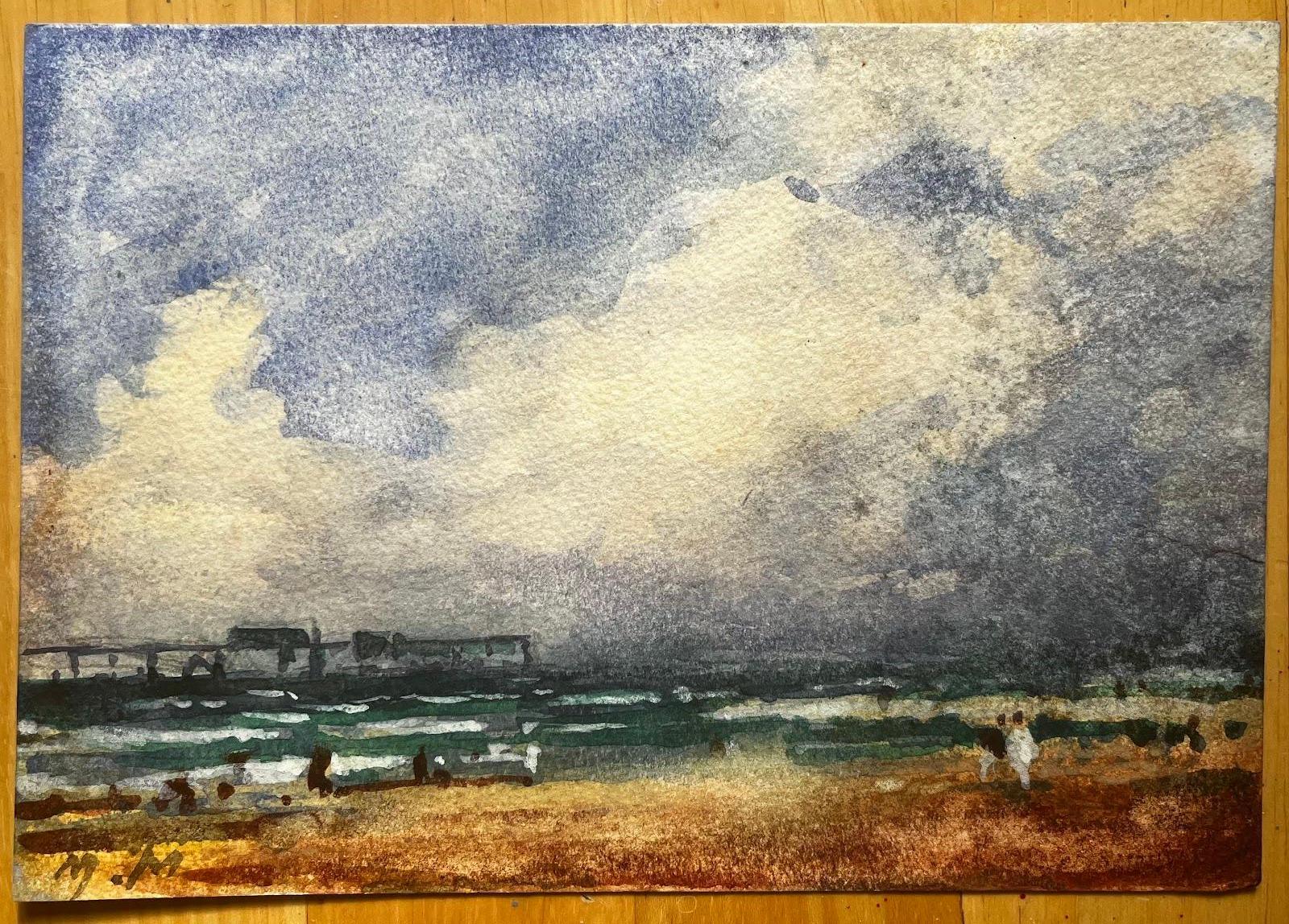 Aquarelle impressionniste française représentant un paysage de bord de mer avec un pilier et des personnages - Art de Unknown