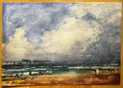 French Impressionist Watercolor Landscape Seaside Scene With Pier and Figures