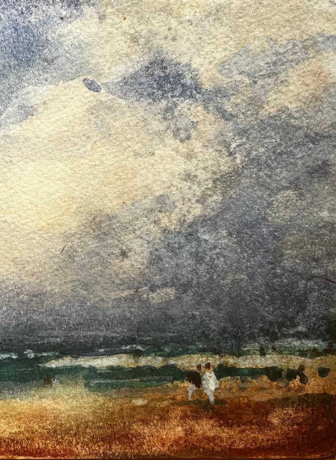 Aquarelle impressionniste française représentant un paysage de bord de mer avec un pilier et des personnages - Impressionnisme abstrait Art par Unknown