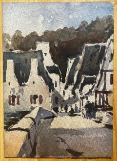 French Impressionist Watercolor Landscape Rural Village Town With Figures
