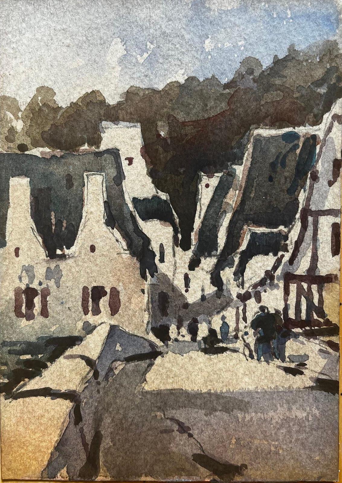 French Impressionist Watercolor Landscape Rural Village Town With Figures - Abstract Impressionist Art by Unknown