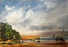 French Impressionist Landscape - Coastal Village with Boat and Figures