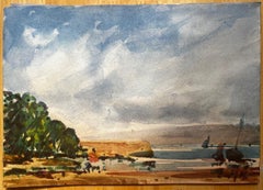 French Impressionist Landscape - Coastal Village with Boat and Figures
