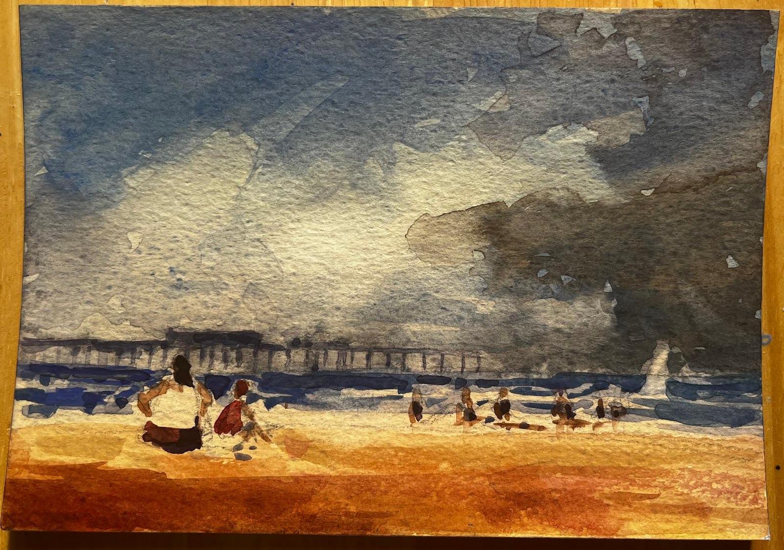 Paesaggio acquarellato francese impressionista Scena di mare con molo e figure - Art Impressionismo astratto di Unknown