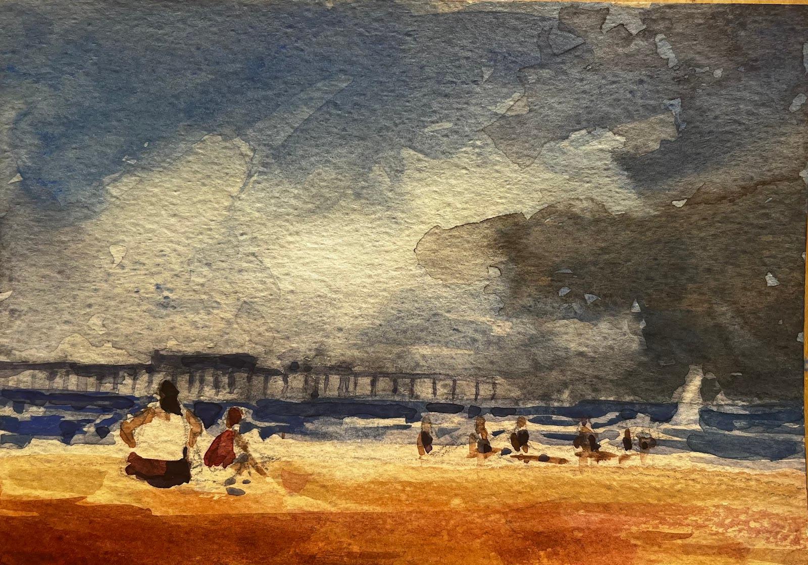 Paisaje acuarelista impresionista francés Escena junto al mar con muelle y figuras