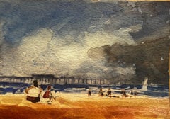 French Impressionist Watercolor Landscape Seaside Scene with Pier and Figures
