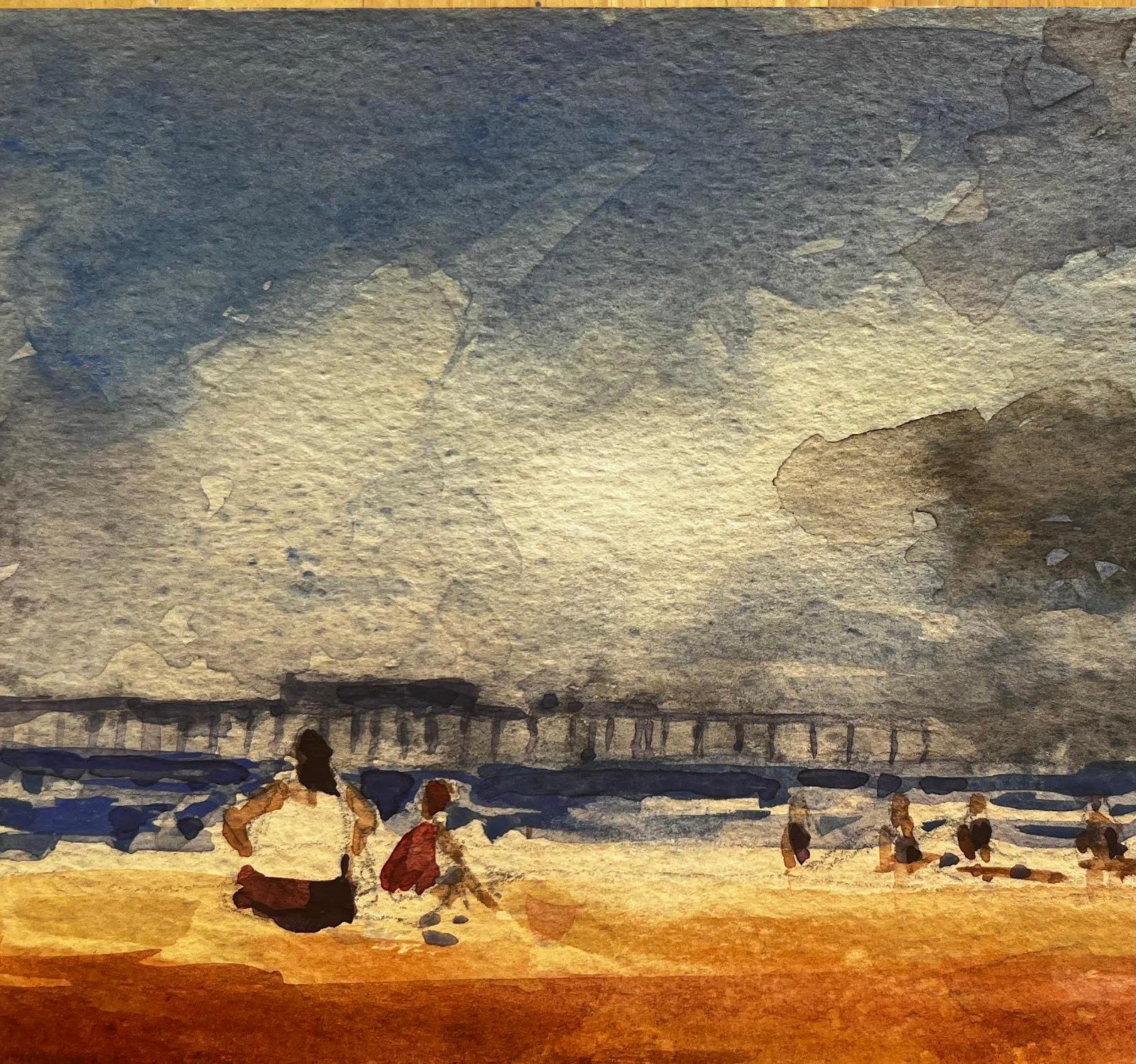 Paesaggio acquarellato francese impressionista Scena di mare con molo e figure in vendita 1