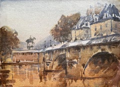 French Impressionist Watercolor Landscape The River Seine Bridge Horse Statue