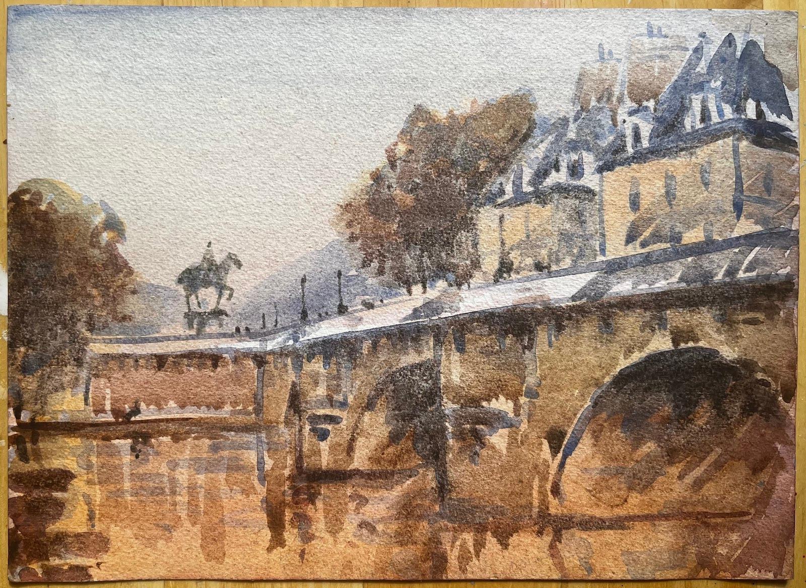 Aquarelle impressionniste française - Paysage - Statue de cheval du pont de la Seine - Art de Unknown