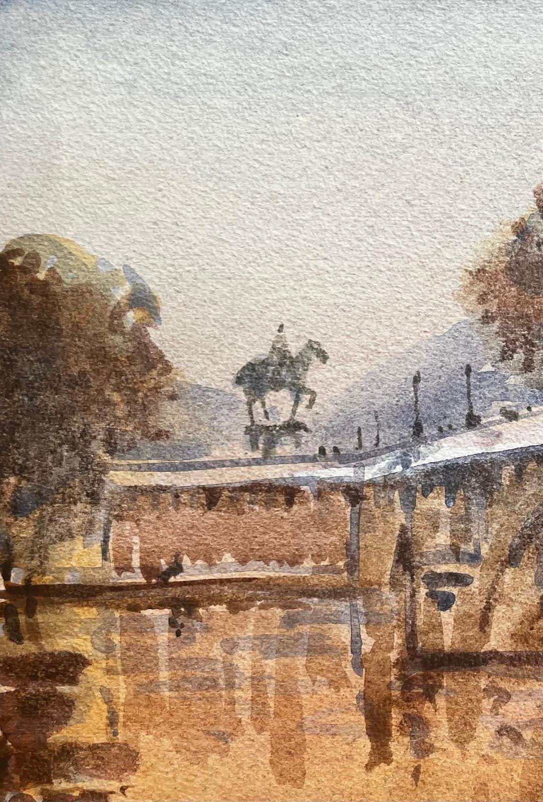 Aquarelle impressionniste française - Paysage - Statue de cheval du pont de la Seine - Impressionnisme abstrait Art par Unknown