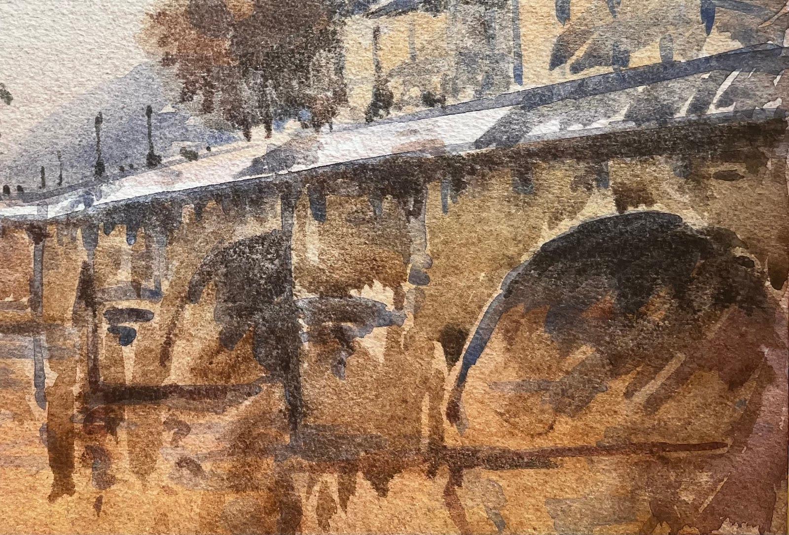 Aquarelle impressionniste française - Paysage - Statue de cheval du pont de la Seine - Marron Landscape Art par Unknown