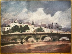 Aquarelle impressionniste française Paysage de Paris, ligne d'horizon de la Seine